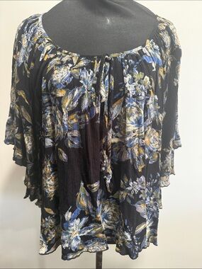 Karen Kane Black Floral Peasant Top with Blue & Gold Accents